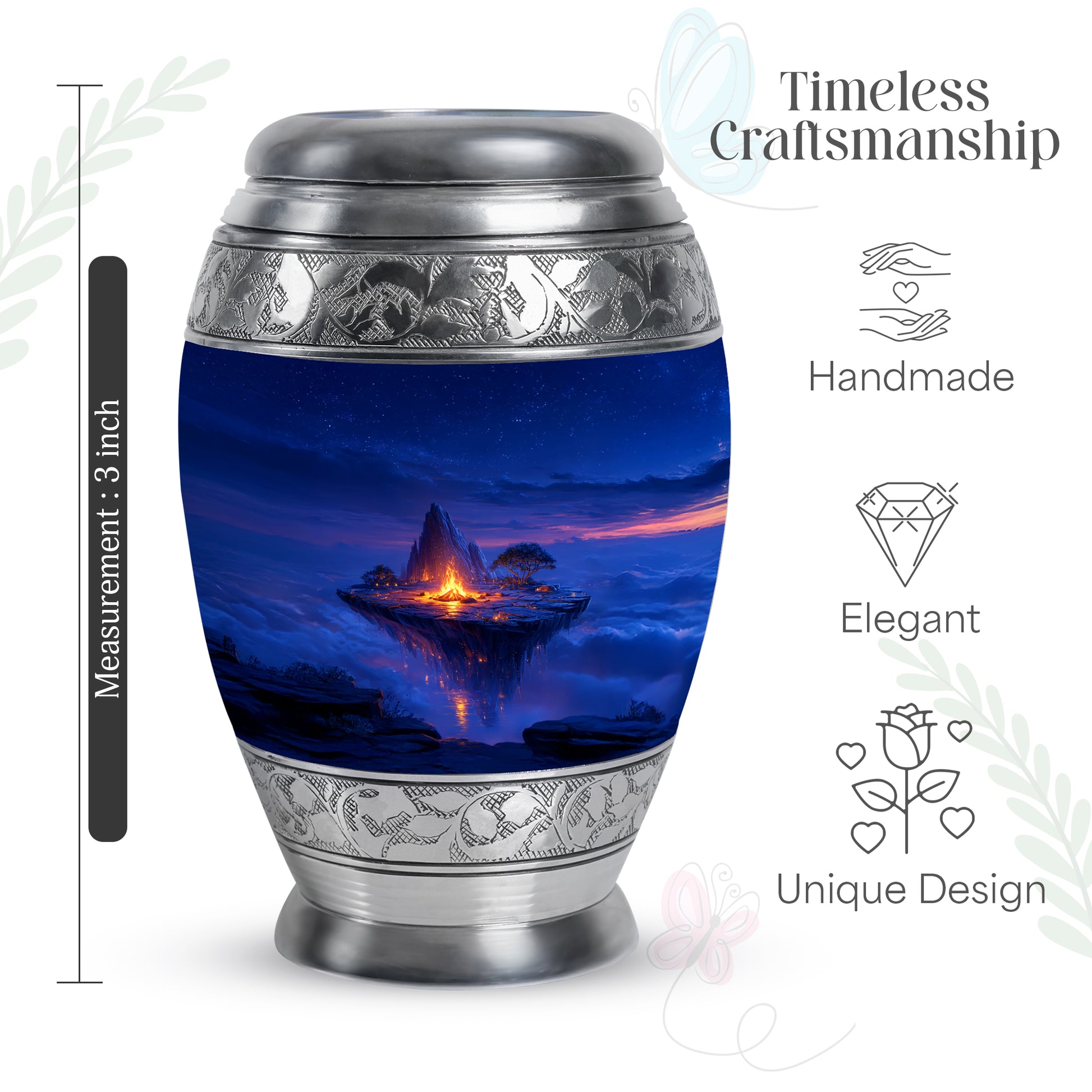 Steel Blue Campfire Cremation Urn lifestyle display on memorial shelf - royal campfire engraving with decorative scrollwork - mini keepsake memorial for portion of cremation ashes