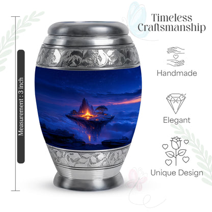 Steel Blue Campfire Cremation Urn lifestyle display on memorial shelf - royal campfire engraving with decorative scrollwork - mini keepsake memorial for portion of cremation ashes