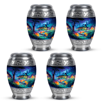 Sky Blue Halloween Cremation Urn urn with complimentary velvet bag - ornate monarch-style halloween relief on brushed aluminum - 10 inch aluminum urn for cremated remains