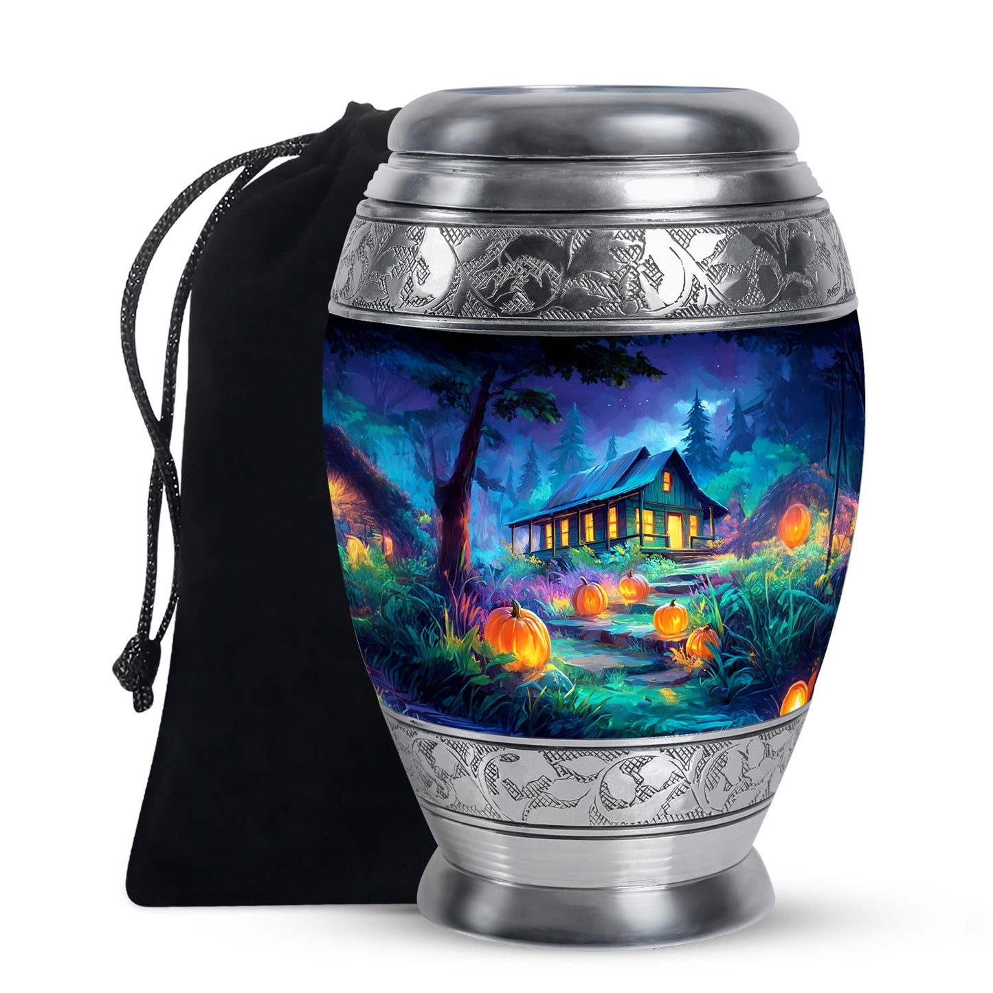 Royal Blue Halloween Cremation Urn back view with polished surface - majestic halloween pattern with filigree border - full-size 10 inch 200 cubic inch adult cremation urn