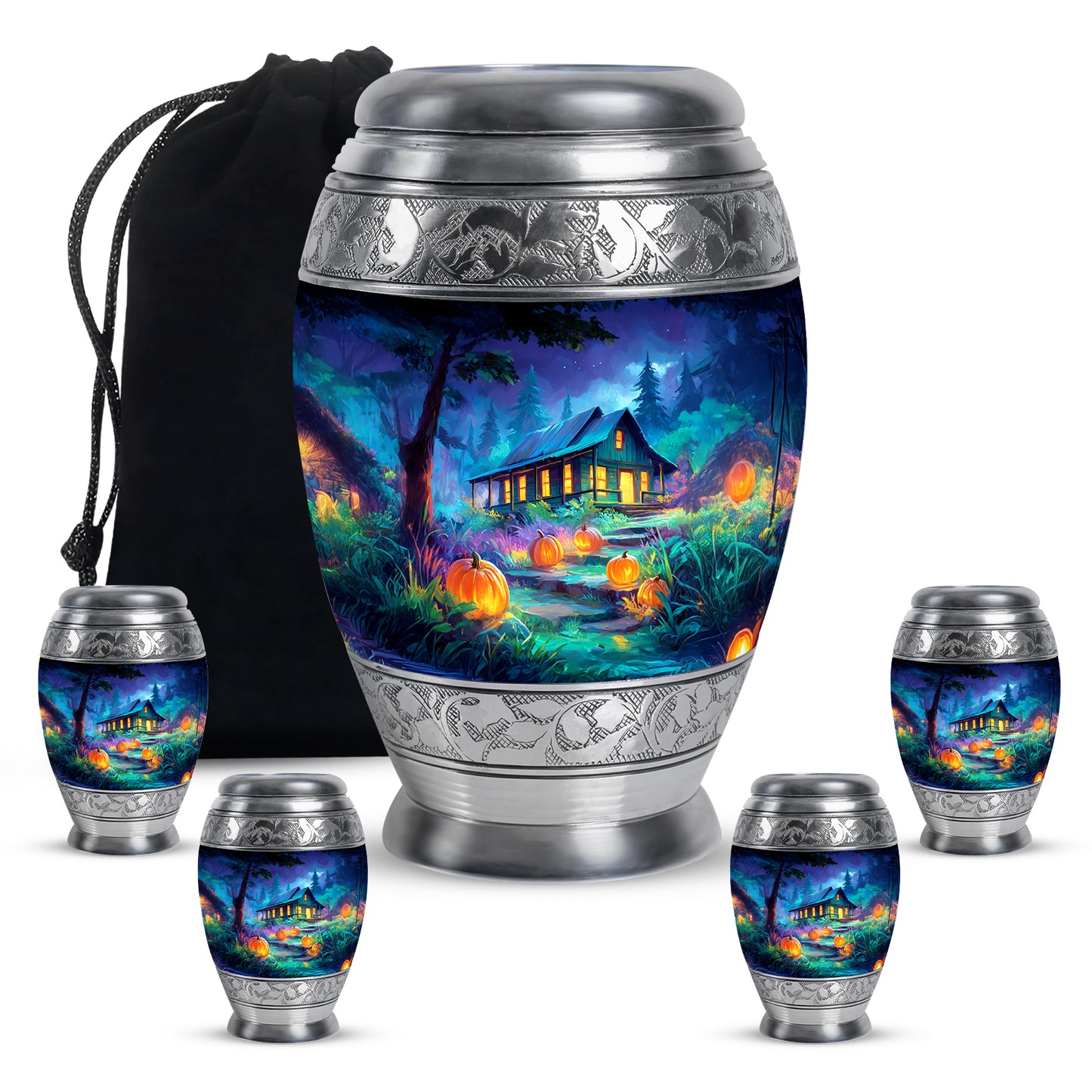 Pastel Blue Halloween Cremation Urn detail view - regal halloween design with crown-inspired accents - memorial set with one large and four small urns