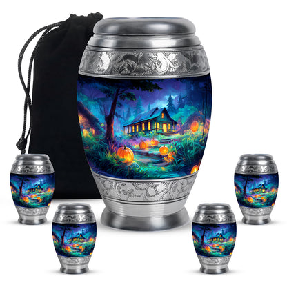 Pastel Blue Halloween Cremation Urn detail view - regal halloween design with crown-inspired accents - memorial set with one large and four small urns