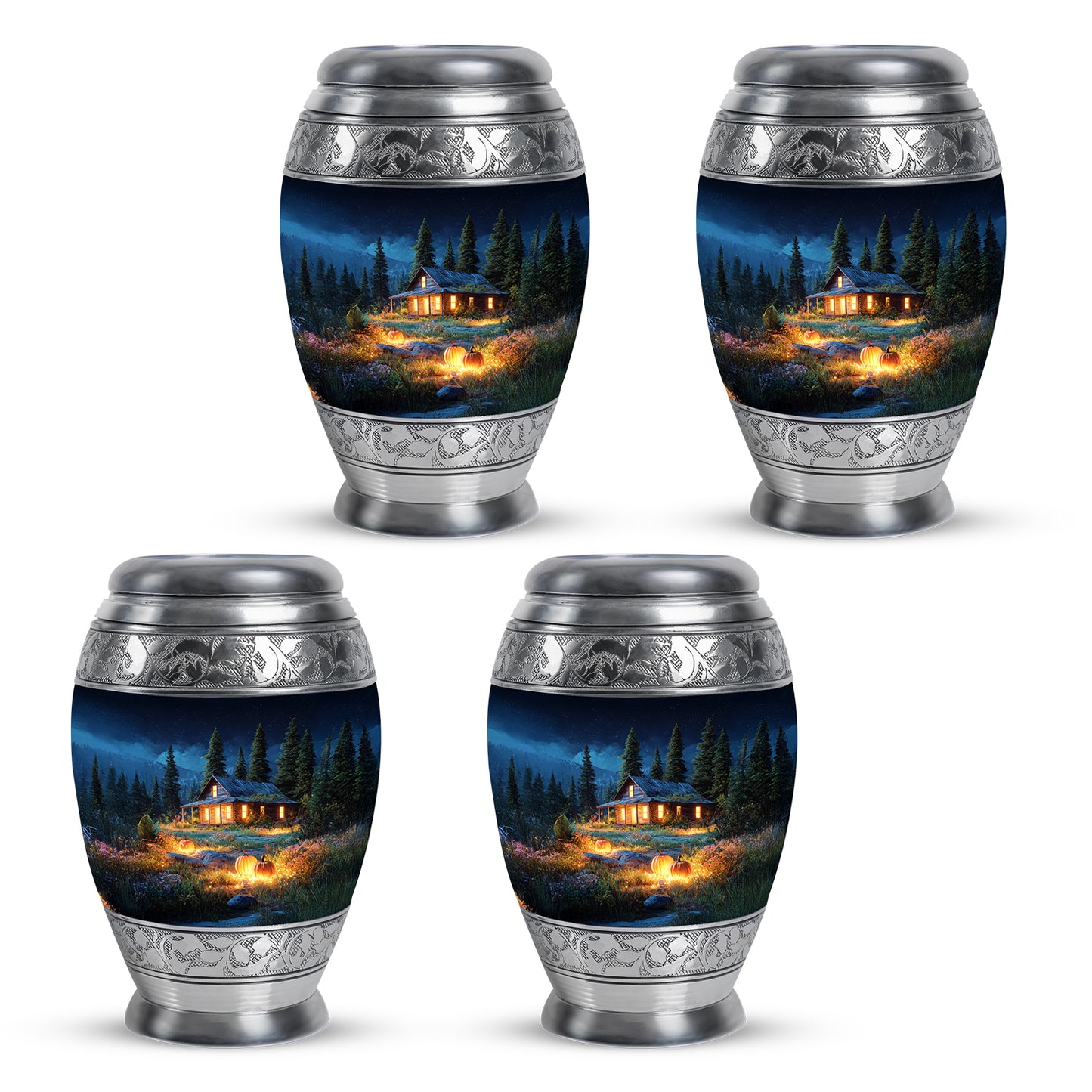 Celestial Blue Halloween Cremation Urn urn with complimentary velvet bag - ornate monarch-style halloween relief on brushed aluminum - 10 inch aluminum urn for cremated remains