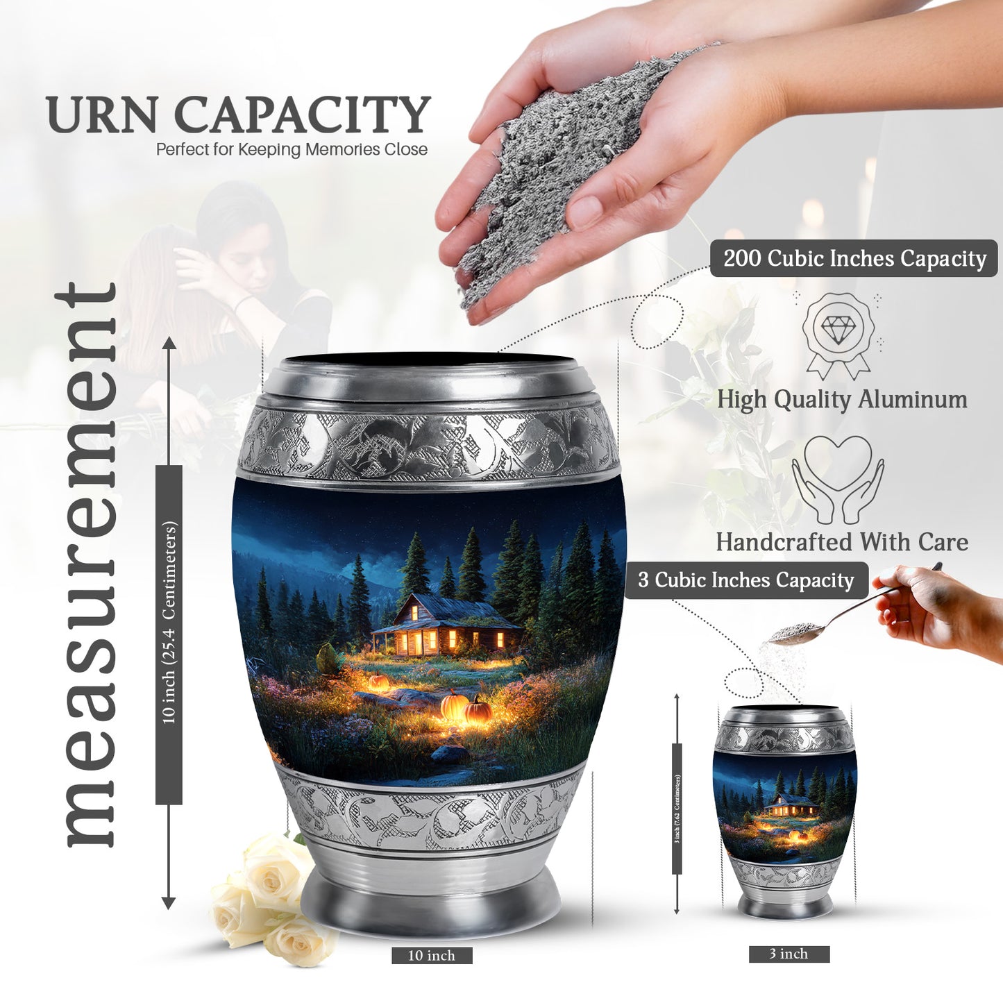 Misty Blue Halloween Cremation Urn lifestyle display on memorial shelf - regal halloween design with crown-inspired accents - mini keepsake memorial for portion of cremation ashes
