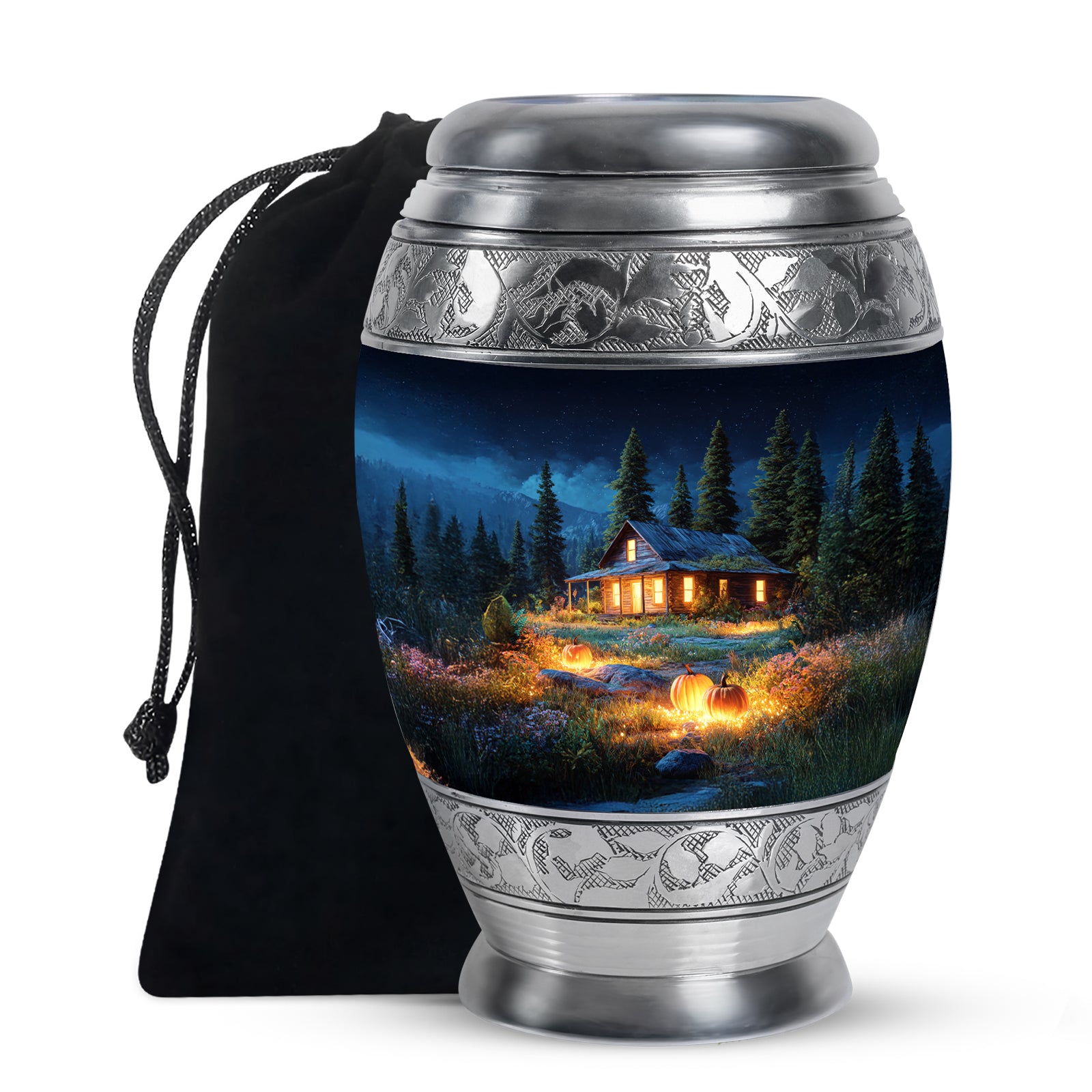 Indigo Halloween Cremation Urn back view with polished surface - ornate monarch-style halloween relief on brushed aluminum - full-size 10 inch 200 cubic inch adult cremation urn