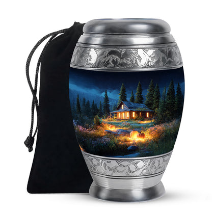 Indigo Halloween Cremation Urn back view with polished surface - ornate monarch-style halloween relief on brushed aluminum - full-size 10 inch 200 cubic inch adult cremation urn