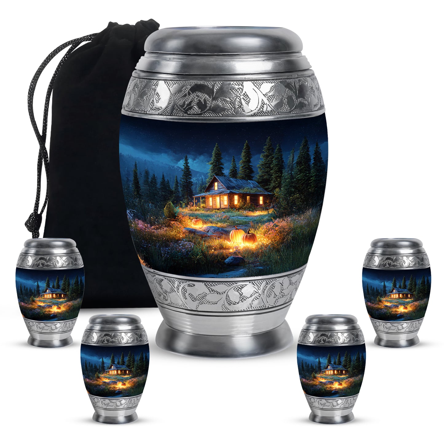 Vivid Blue Halloween Cremation Urn detail view - royal halloween engraving with decorative scrollwork - memorial set with one large and four small urns