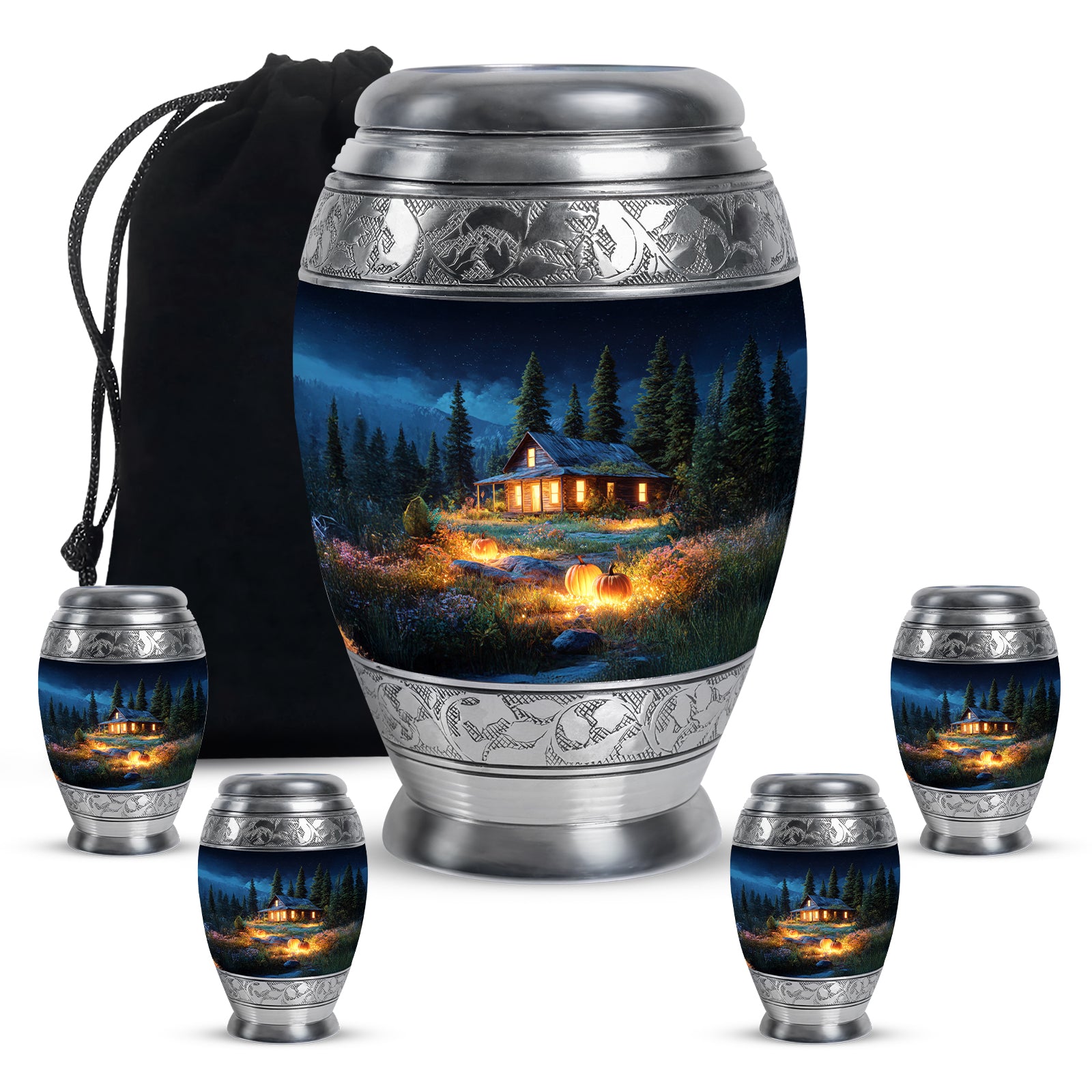 Vivid Blue Halloween Cremation Urn detail view - royal halloween engraving with decorative scrollwork - memorial set with one large and four small urns
