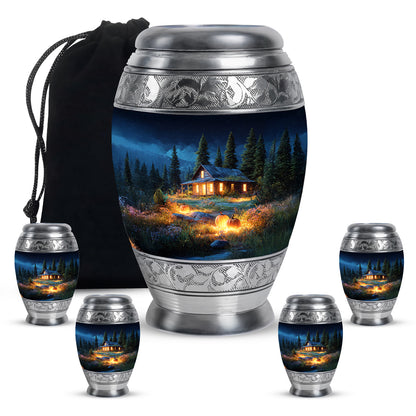Vivid Blue Halloween Cremation Urn detail view - royal halloween engraving with decorative scrollwork - memorial set with one large and four small urns