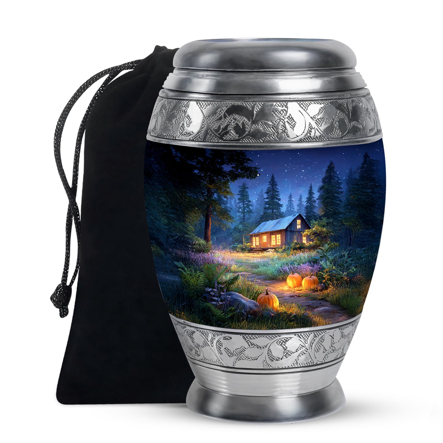 Serene Blue Halloween Cremation Urn back view with polished surface - royal halloween engraving with decorative scrollwork - full-size 10 inch 200 cubic inch adult cremation urn