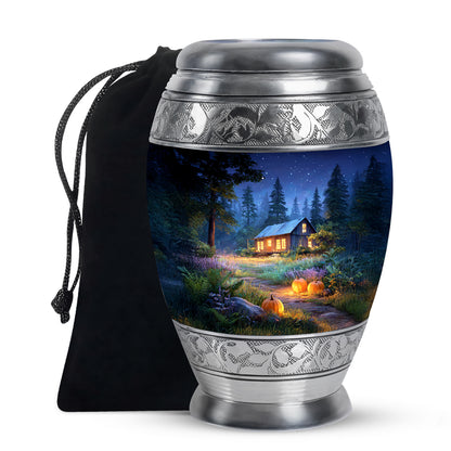 Serene Blue Halloween Cremation Urn back view with polished surface - royal halloween engraving with decorative scrollwork - full-size 10 inch 200 cubic inch adult cremation urn