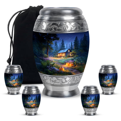 Royal Blue Halloween Cremation Urn detail view - majestic halloween pattern with filigree border - memorial set with one large and four small urns