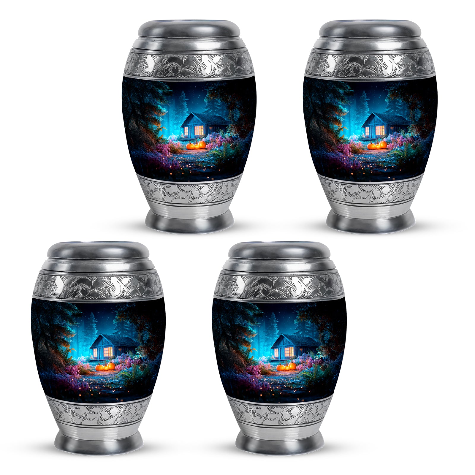 Vivid Blue Halloween Cremation Urn urn with complimentary velvet bag - majestic halloween pattern with filigree border - 10 inch aluminum urn for cremated remains