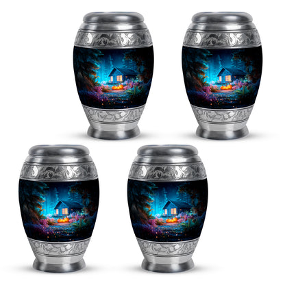 Vivid Blue Halloween Cremation Urn urn with complimentary velvet bag - majestic halloween pattern with filigree border - 10 inch aluminum urn for cremated remains