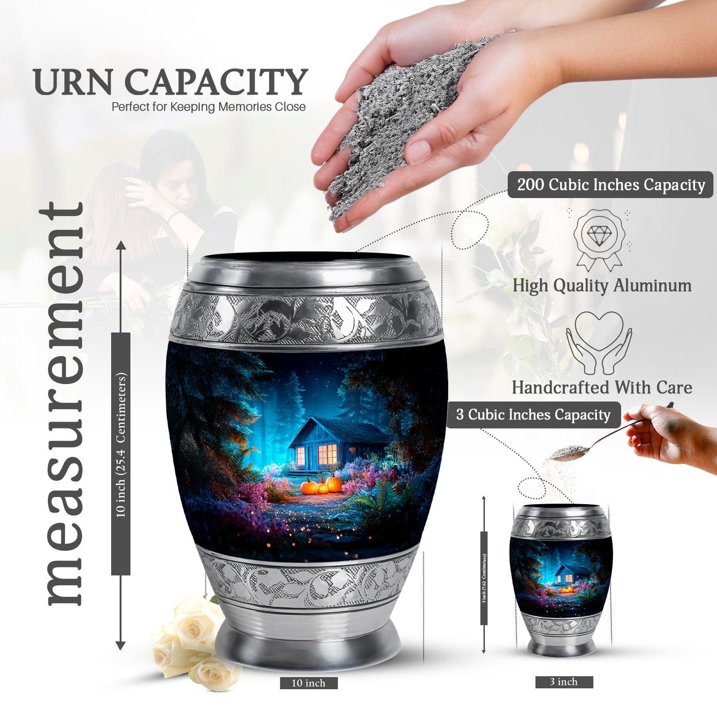 Sapphire Blue Halloween Cremation Urn lifestyle display on memorial shelf - majestic halloween pattern with filigree border - mini keepsake memorial for portion of cremation ashes