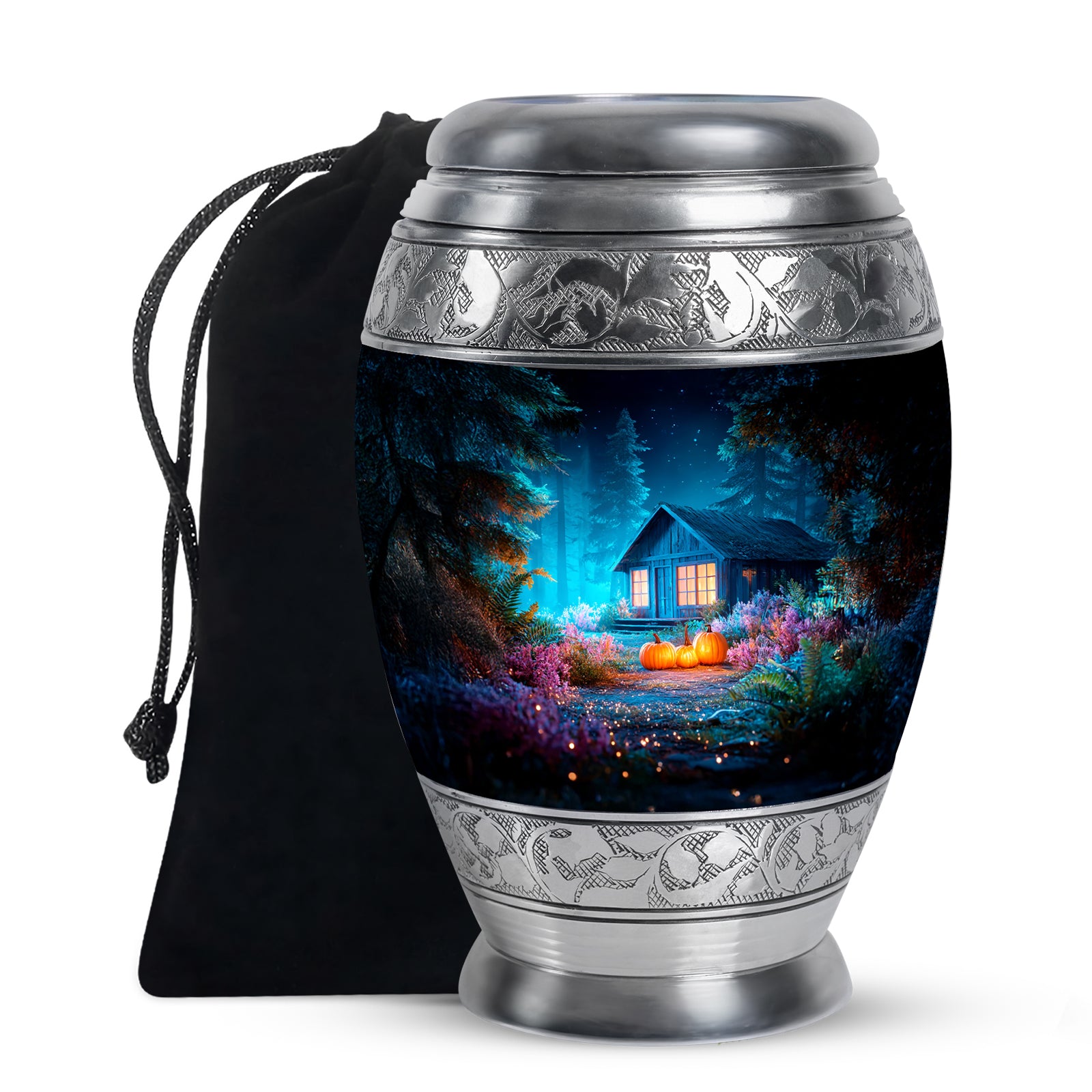 Azure Halloween Cremation Urn back view with polished surface - regal halloween design with crown-inspired accents - full-size 10 inch 200 cubic inch adult cremation urn