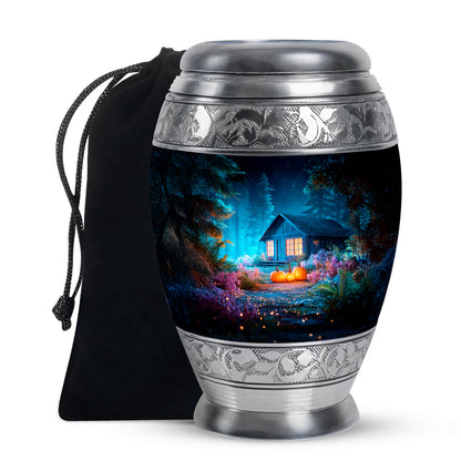 Azure Halloween Cremation Urn back view with polished surface - regal halloween design with crown-inspired accents - full-size 10 inch 200 cubic inch adult cremation urn