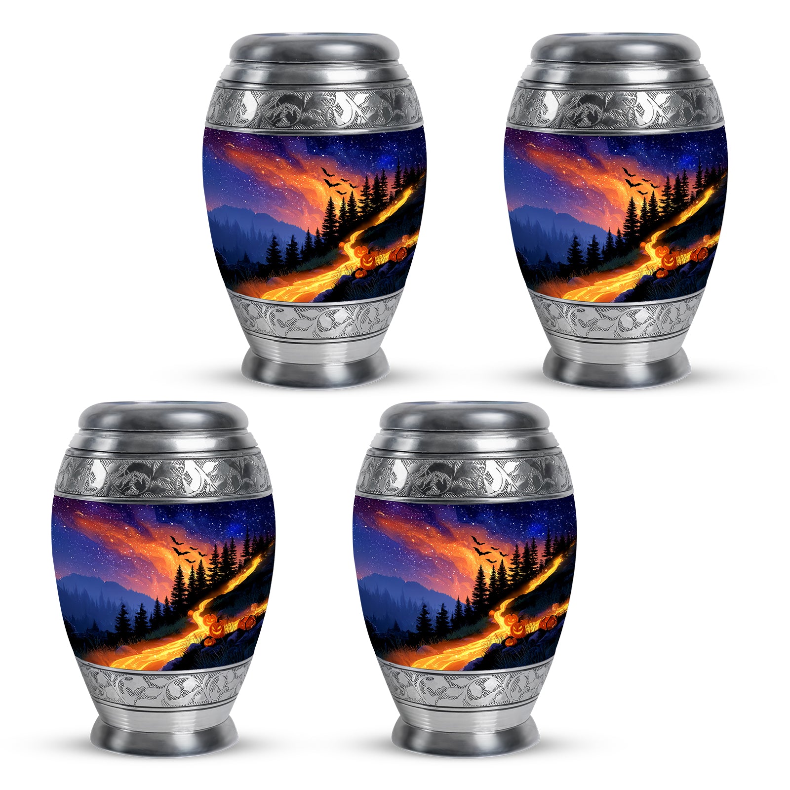 Serene Blue Halloween Cremation Urn urn with complimentary velvet bag - royal halloween engraving with decorative scrollwork - 10 inch aluminum urn for cremated remains