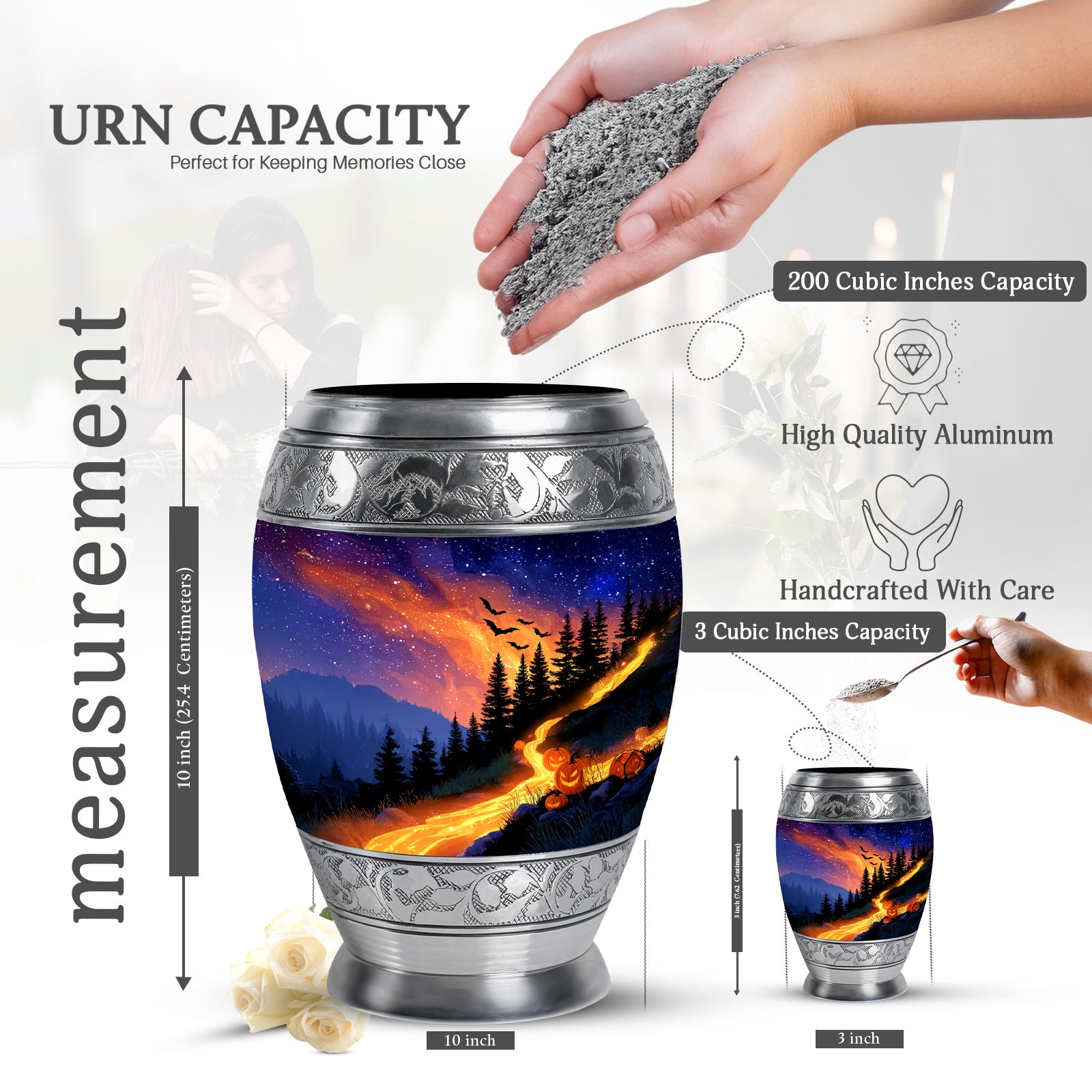 Twilight Blue Halloween Cremation Urn lifestyle display on memorial shelf - majestic halloween pattern with filigree border - mini keepsake memorial for portion of cremation ashes