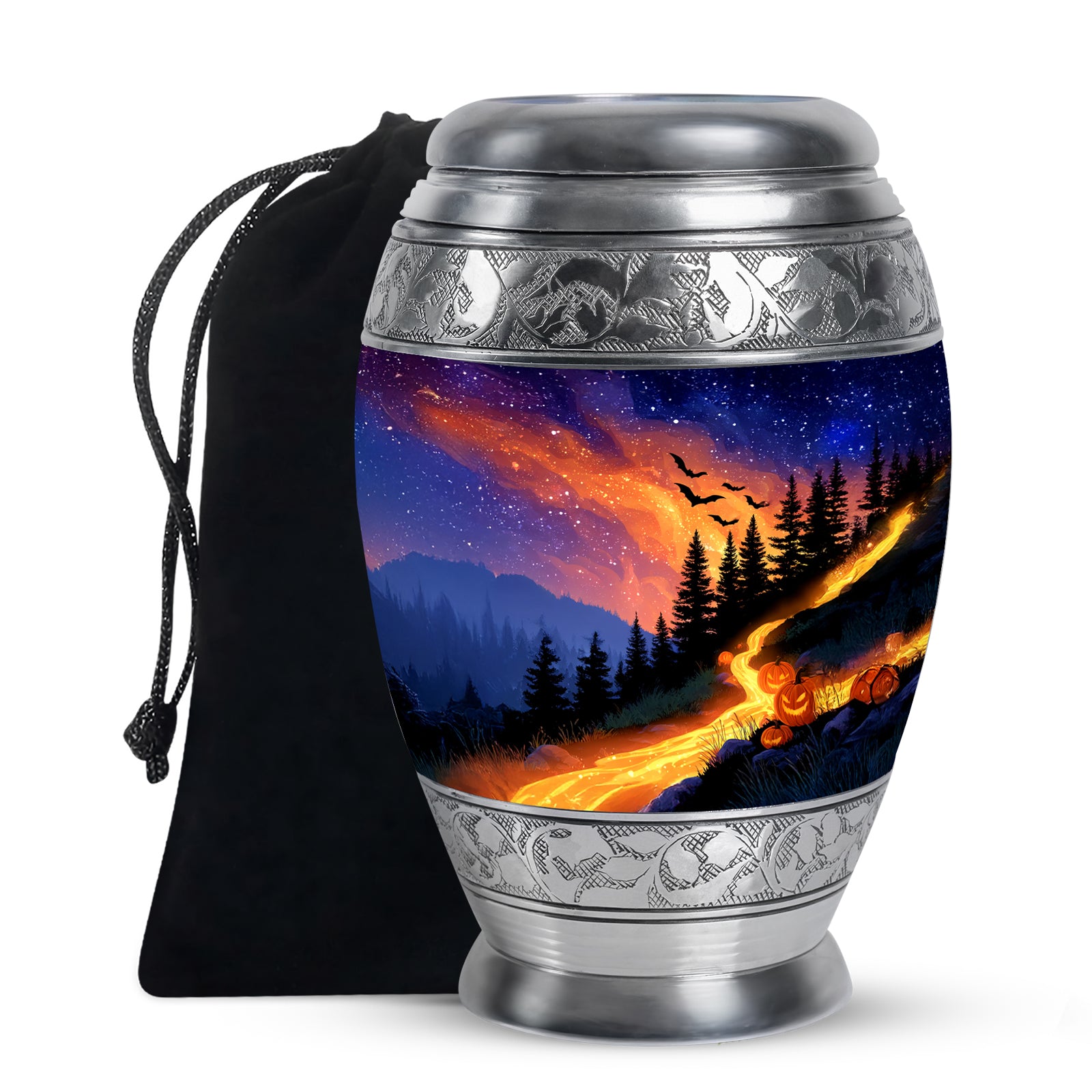 Indigo Halloween Cremation Urn back view with polished surface - ornate monarch-style halloween relief on brushed aluminum - full-size 10 inch 200 cubic inch adult cremation urn