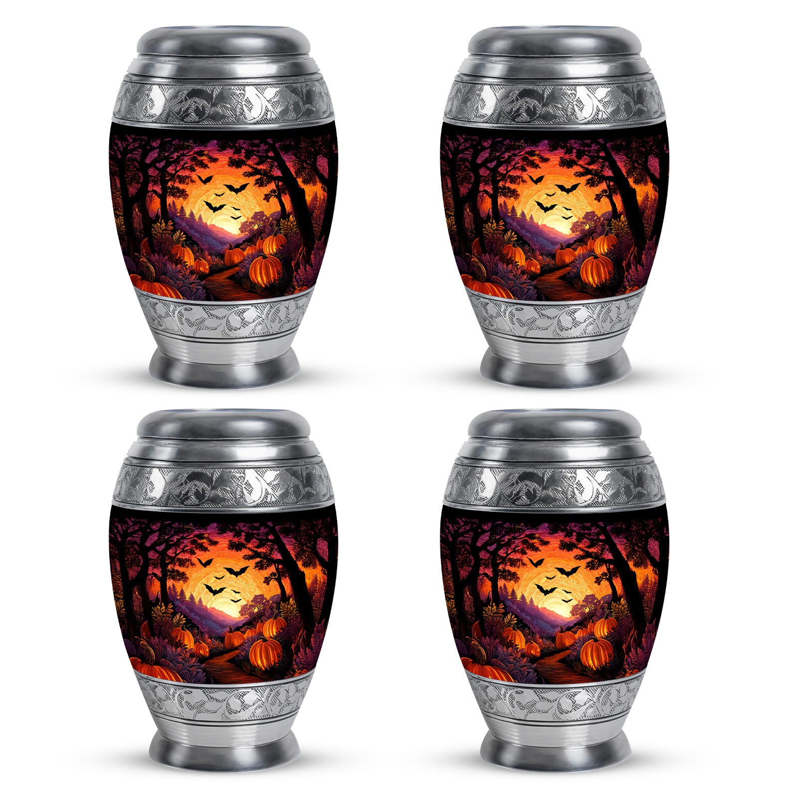 Obsidian Black Halloween Cremation Urn urn with complimentary velvet bag - royal halloween engraving with decorative scrollwork - 10 inch aluminum urn for cremated remains