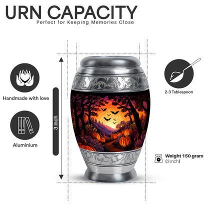 Obsidian Black Halloween Cremation Urn lifestyle display on memorial shelf - royal halloween engraving with decorative scrollwork - mini keepsake memorial for portion of cremation ashes