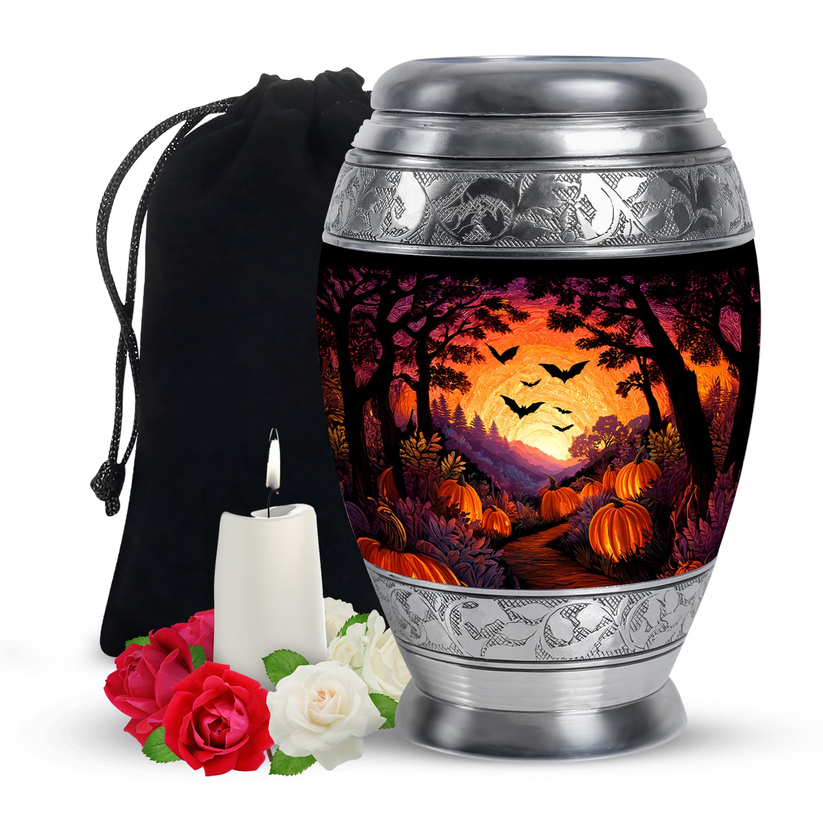 Jet Black Halloween Cremation Urn back view with polished surface - ornate monarch-style halloween relief on brushed aluminum - full-size 10 inch 200 cubic inch adult cremation urn