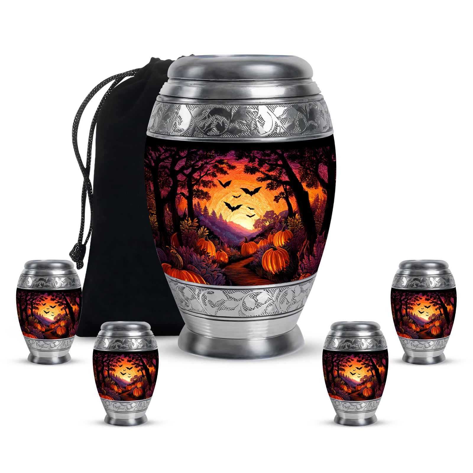 Obsidian Black Halloween Cremation Urn detail view - royal halloween engraving with decorative scrollwork - memorial set with one large and four small urns