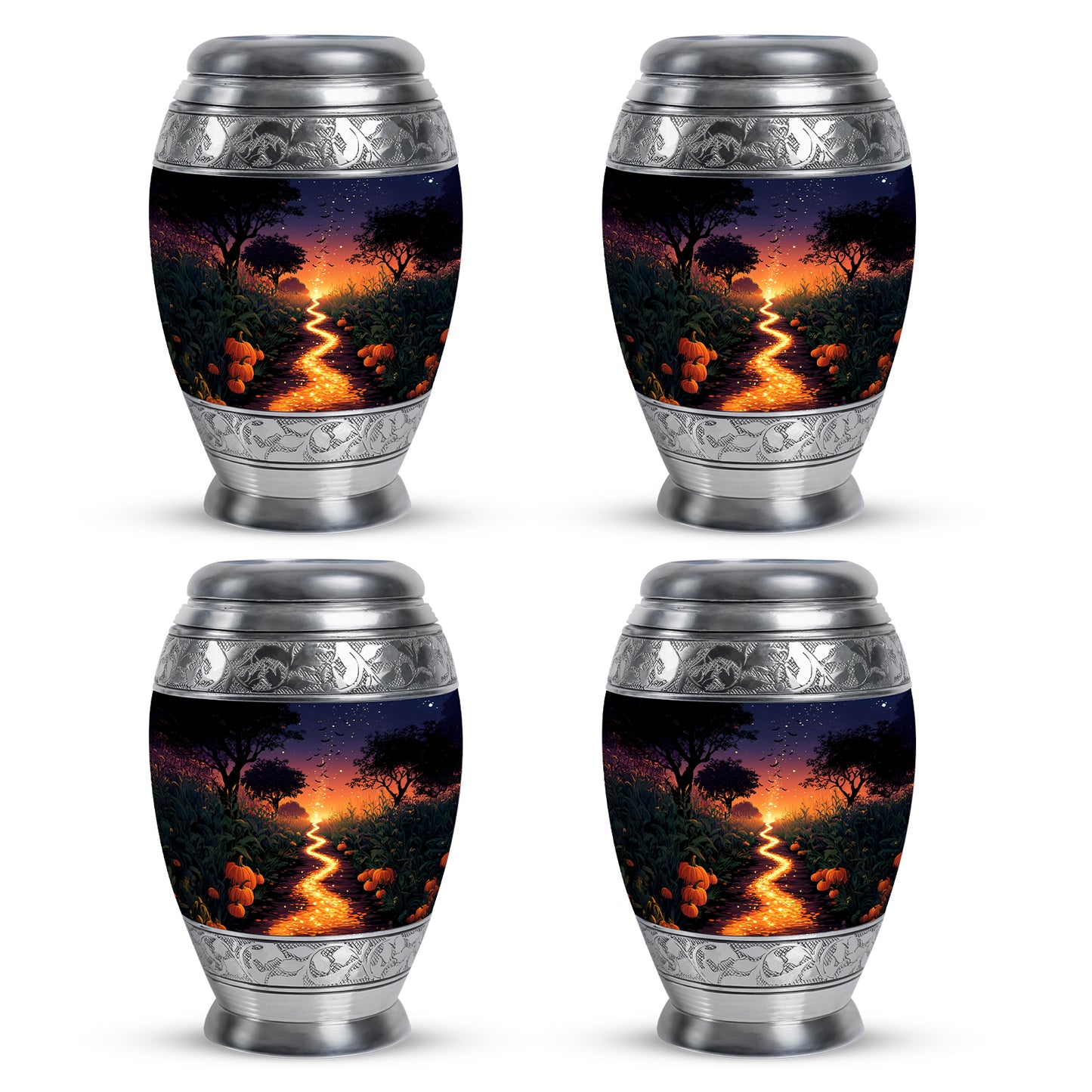 Sapphire Blue Halloween Cremation Urn urn with complimentary velvet bag - majestic halloween pattern with filigree border - 10 inch aluminum urn for cremated remains