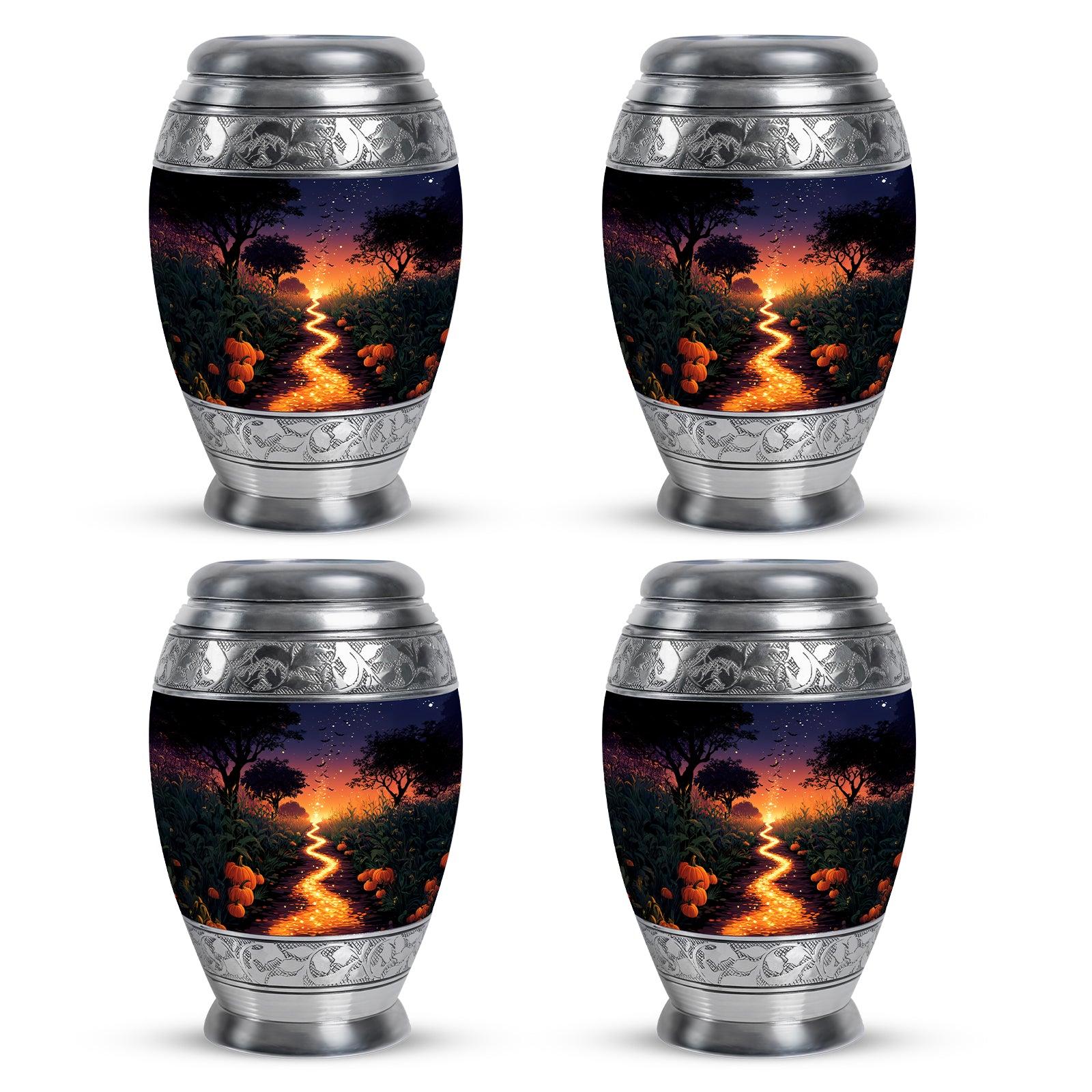 Sapphire Blue Halloween Cremation Urn urn with complimentary velvet bag - majestic halloween pattern with filigree border - 10 inch aluminum urn for cremated remains