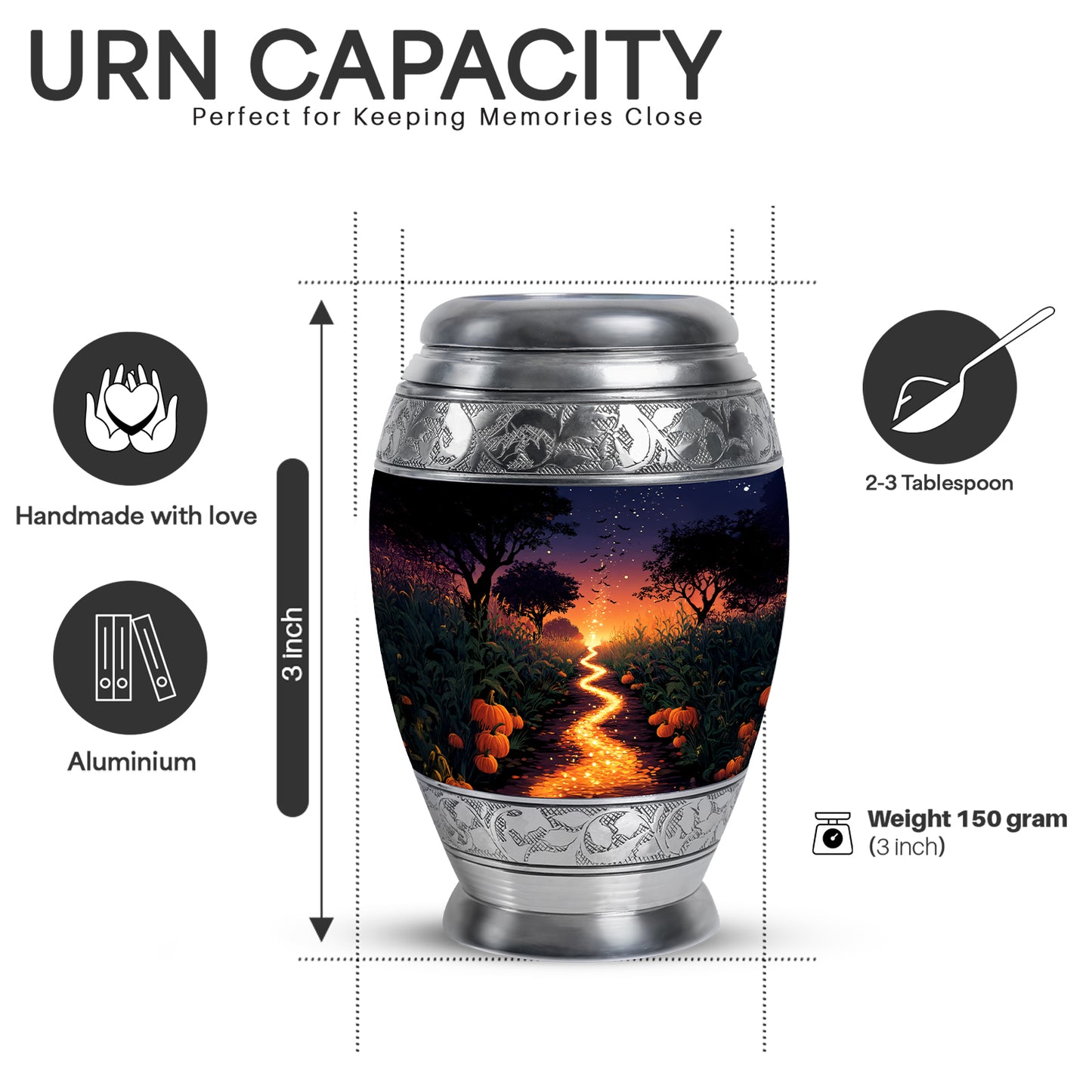 Steel Blue Halloween Cremation Urn lifestyle display on memorial shelf - royal halloween engraving with decorative scrollwork - mini keepsake memorial for portion of cremation ashes