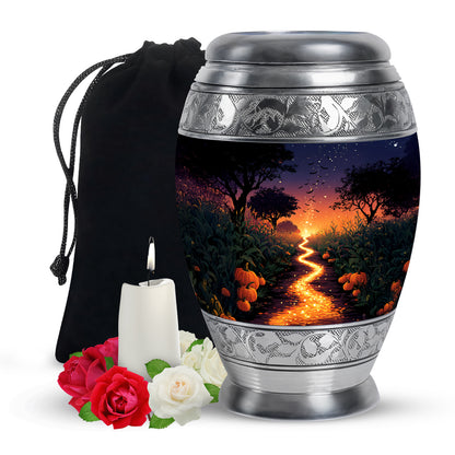 Serene Blue Halloween Cremation Urn back view with polished surface - majestic halloween pattern with filigree border - full-size 10 inch 200 cubic inch adult cremation urn