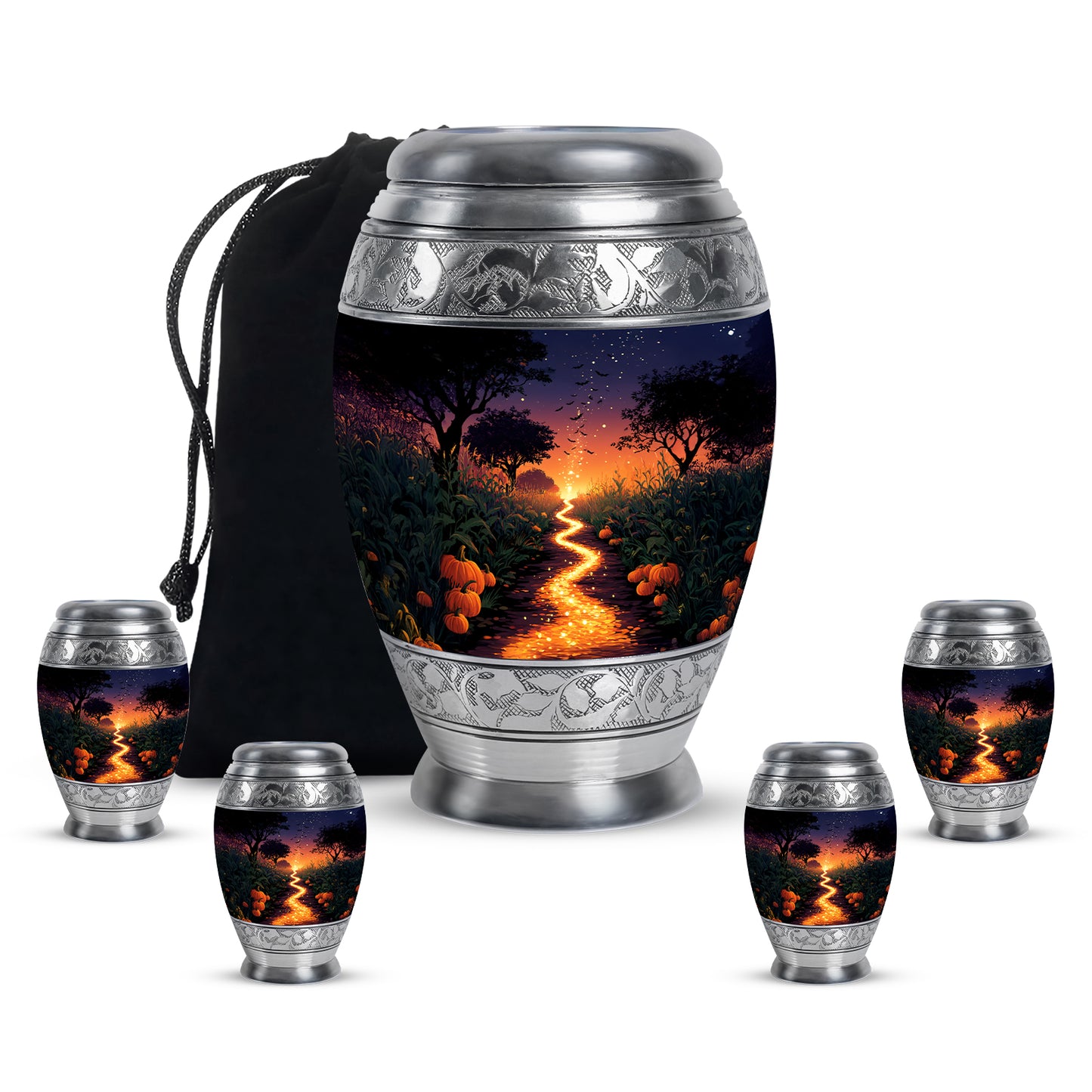 Calming Blue Halloween Cremation Urn detail view - royal halloween engraving with decorative scrollwork - memorial set with one large and four small urns