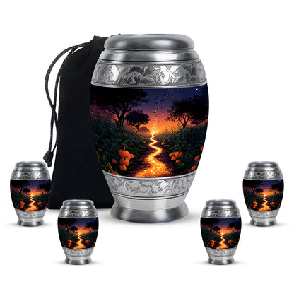Calming Blue Halloween Cremation Urn detail view - royal halloween engraving with decorative scrollwork - memorial set with one large and four small urns