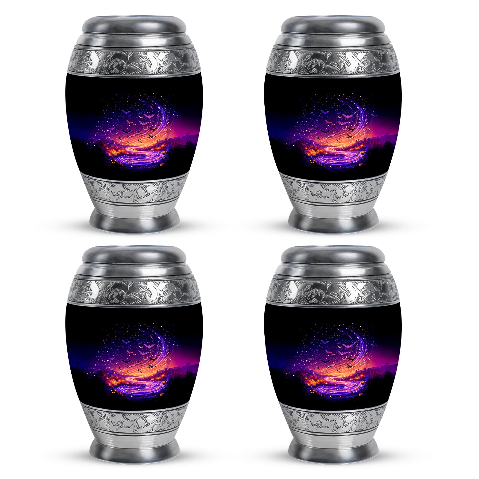 Obsidian Black Halloween Cremation Urn urn with complimentary velvet bag - royal halloween engraving with decorative scrollwork - 10 inch aluminum urn for cremated remains