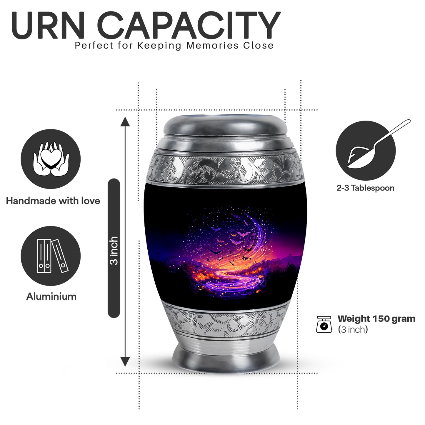 Charcoal Black Halloween Cremation Urn lifestyle display on memorial shelf - royal halloween engraving with decorative scrollwork - mini keepsake memorial for portion of cremation ashes
