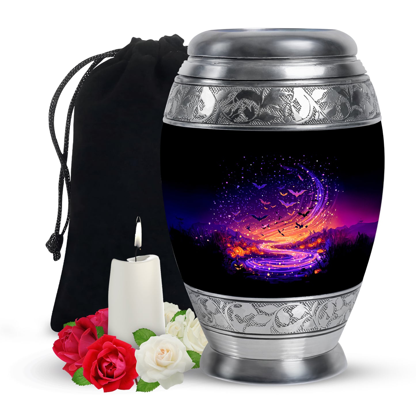 Jet Black Halloween Cremation Urn back view with polished surface - ornate monarch-style halloween relief on brushed aluminum - full-size 10 inch 200 cubic inch adult cremation urn