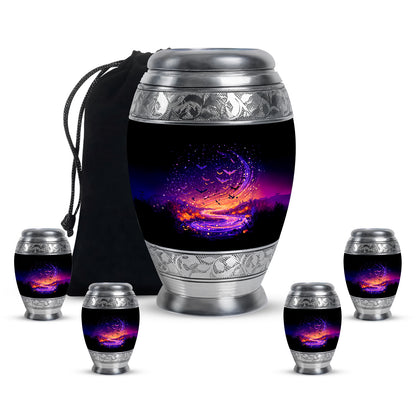 Charcoal Black Halloween Cremation Urn detail view - majestic halloween pattern with filigree border - memorial set with one large and four small urns