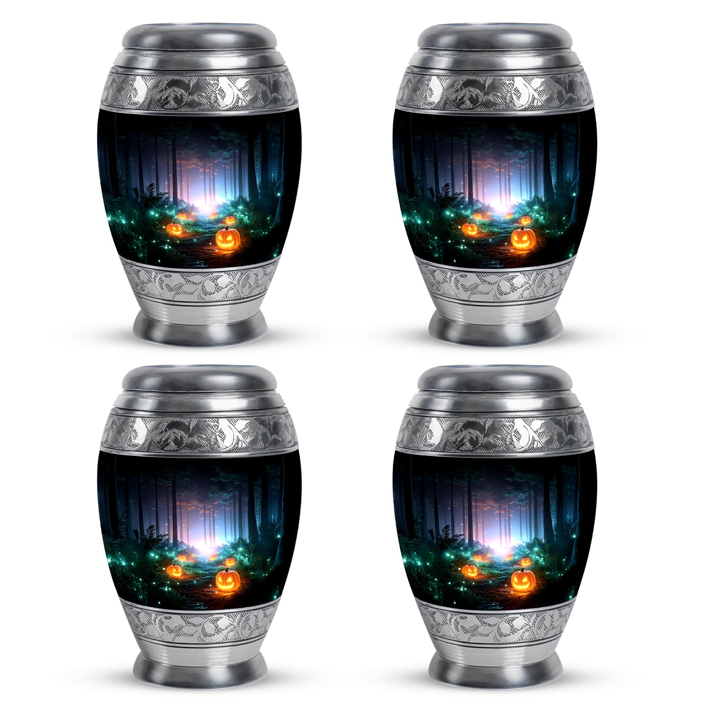 Rich Black Halloween Cremation Urn urn with complimentary velvet bag - ornate monarch-style halloween relief on brushed aluminum - 10 inch aluminum urn for cremated remains