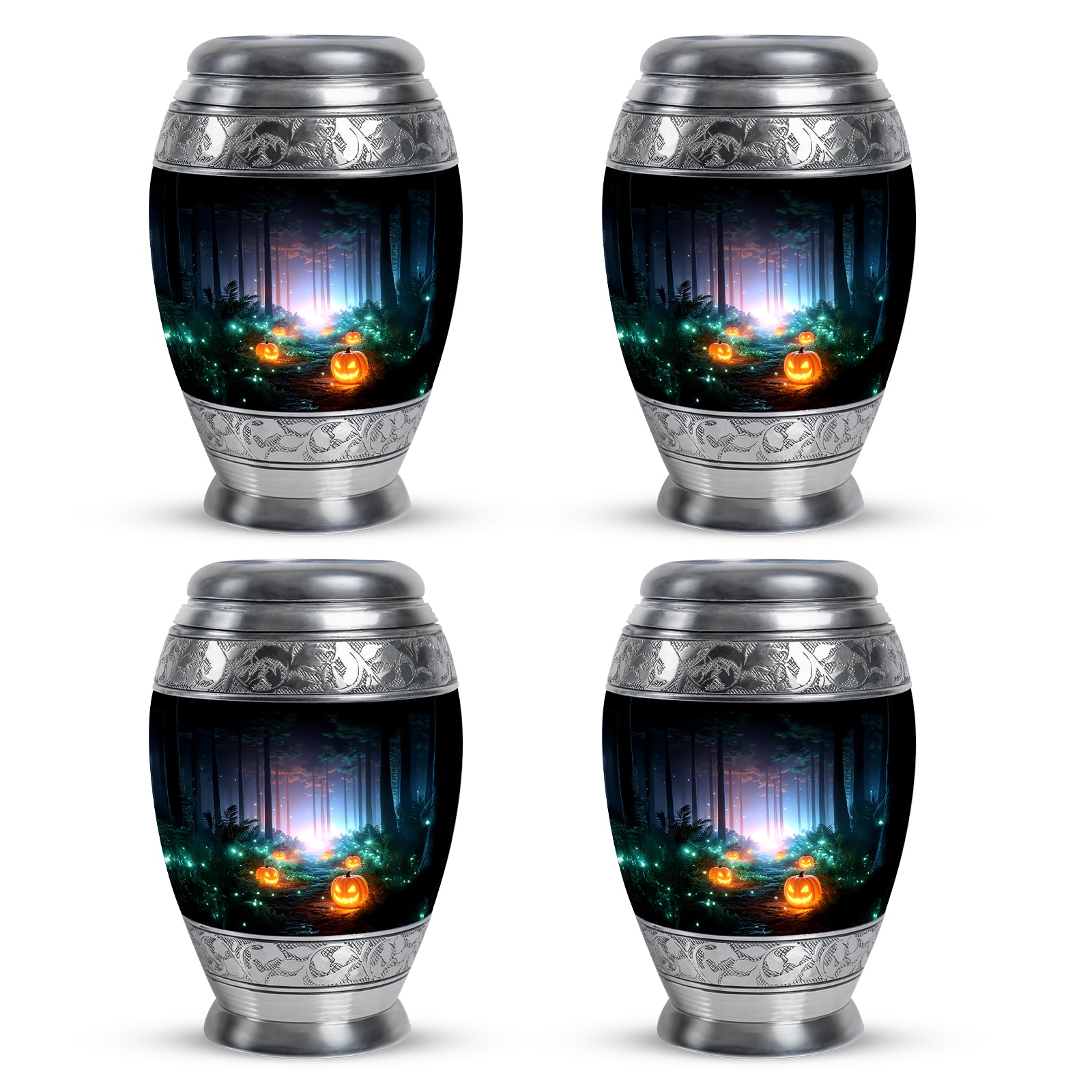 Rich Black Halloween Cremation Urn urn with complimentary velvet bag - ornate monarch-style halloween relief on brushed aluminum - 10 inch aluminum urn for cremated remains