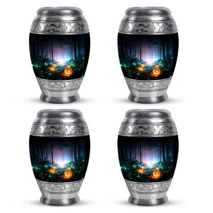 Rich Black Halloween Cremation Urn urn with complimentary velvet bag - ornate monarch-style halloween relief on brushed aluminum - 10 inch aluminum urn for cremated remains