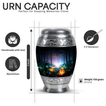 Midnight Black Halloween Cremation Urn lifestyle display on memorial shelf - royal halloween engraving with decorative scrollwork - mini keepsake memorial for portion of cremation ashes