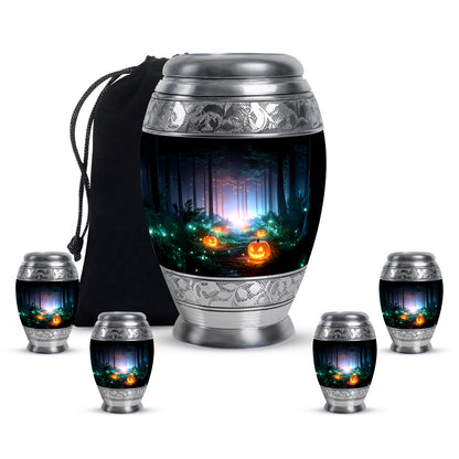Obsidian Black Halloween Cremation Urn detail view - majestic halloween pattern with filigree border - memorial set with one large and four small urns