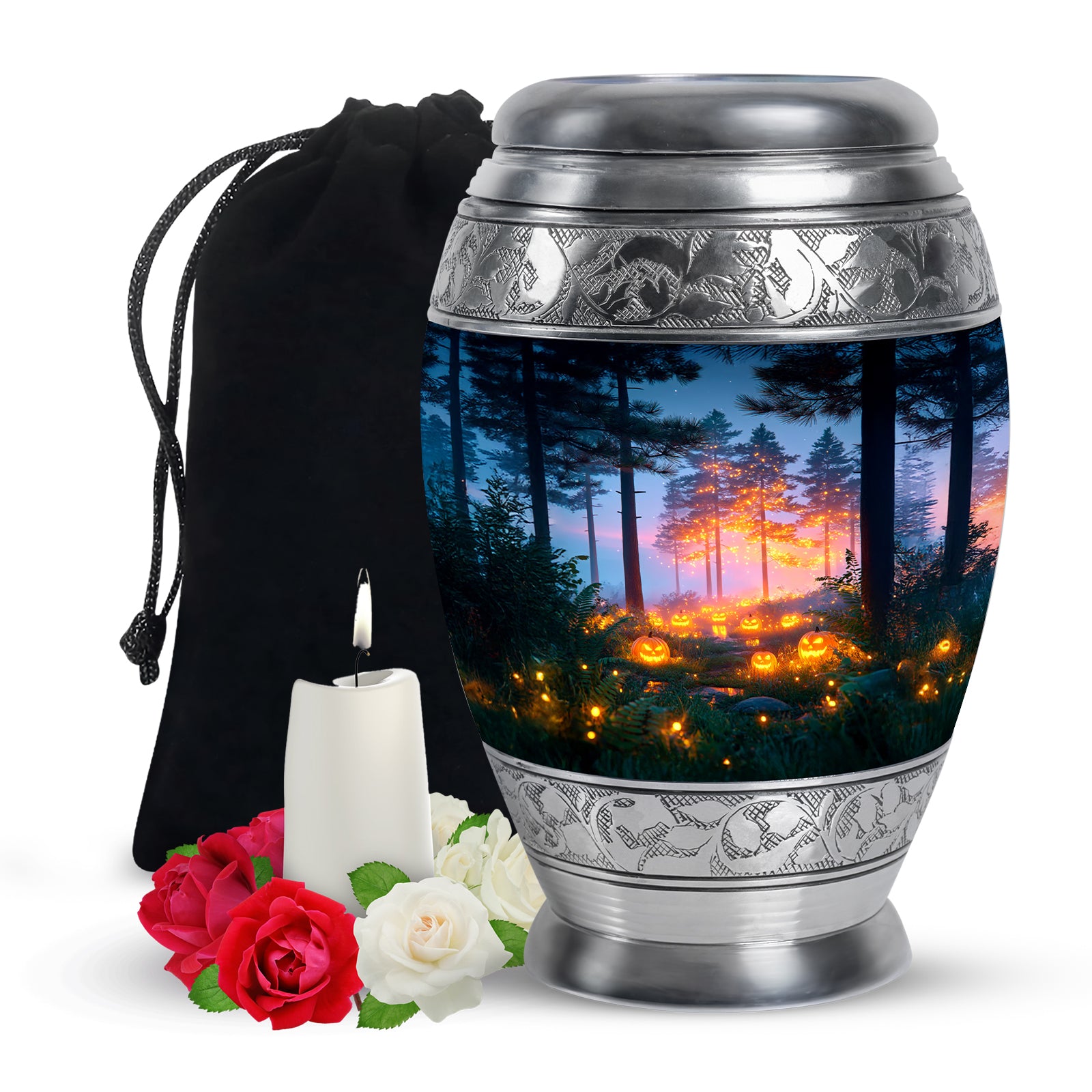 Steel Blue Halloween Cremation Urn back view with polished surface - majestic halloween pattern with filigree border - full-size 10 inch 200 cubic inch adult cremation urn