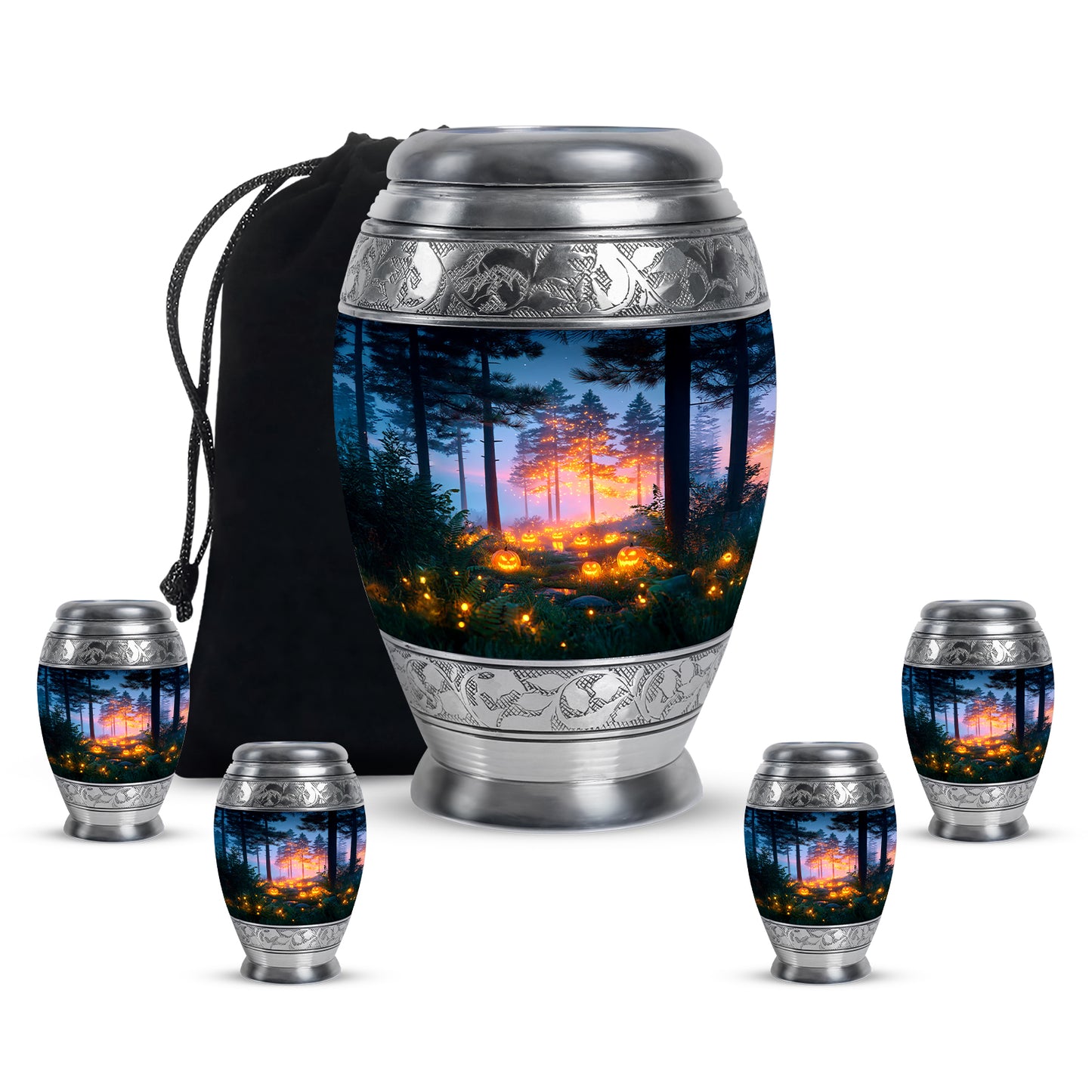 Cobalt Blue Halloween Cremation Urn detail view - majestic halloween pattern with filigree border - memorial set with one large and four small urns