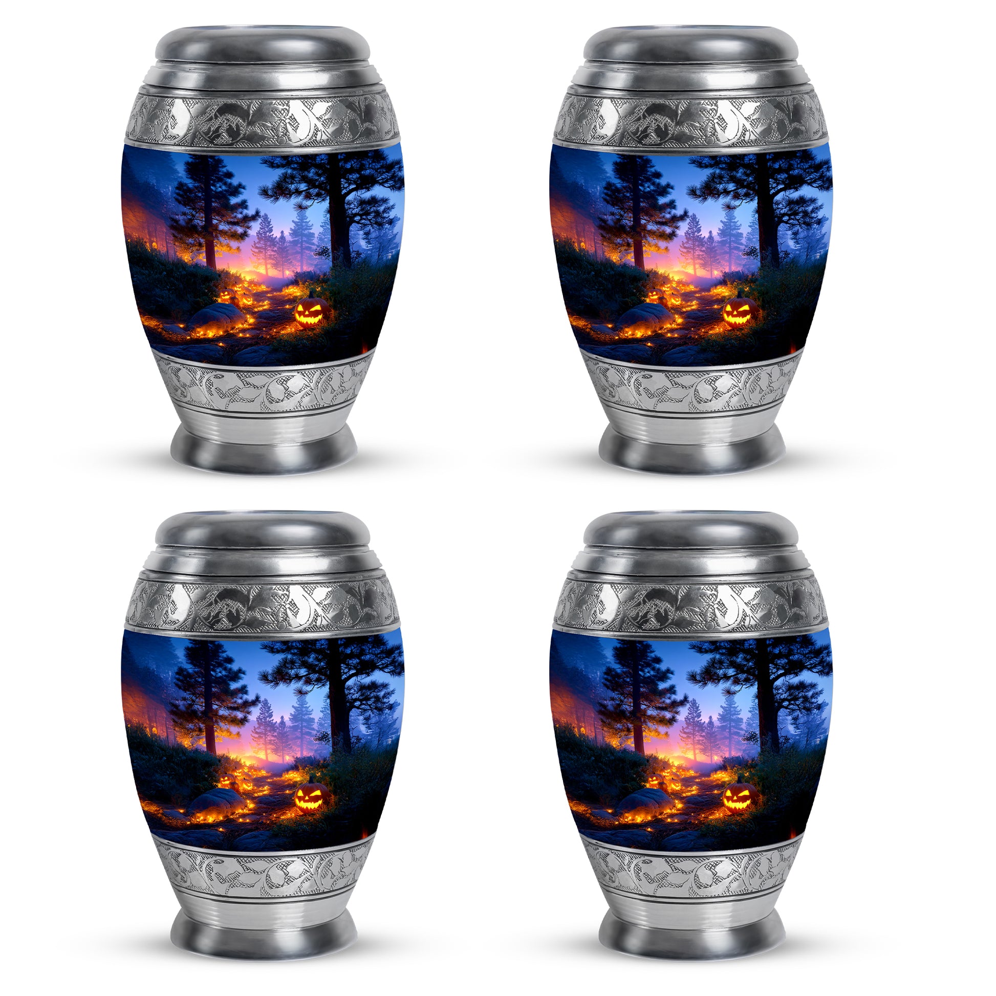 Icy Blue Halloween Cremation Urn urn with complimentary velvet bag - ornate monarch-style halloween relief on brushed aluminum - 10 inch aluminum urn for cremated remains