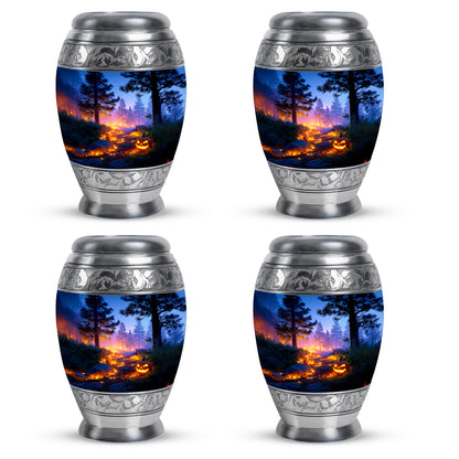 Icy Blue Halloween Cremation Urn urn with complimentary velvet bag - ornate monarch-style halloween relief on brushed aluminum - 10 inch aluminum urn for cremated remains