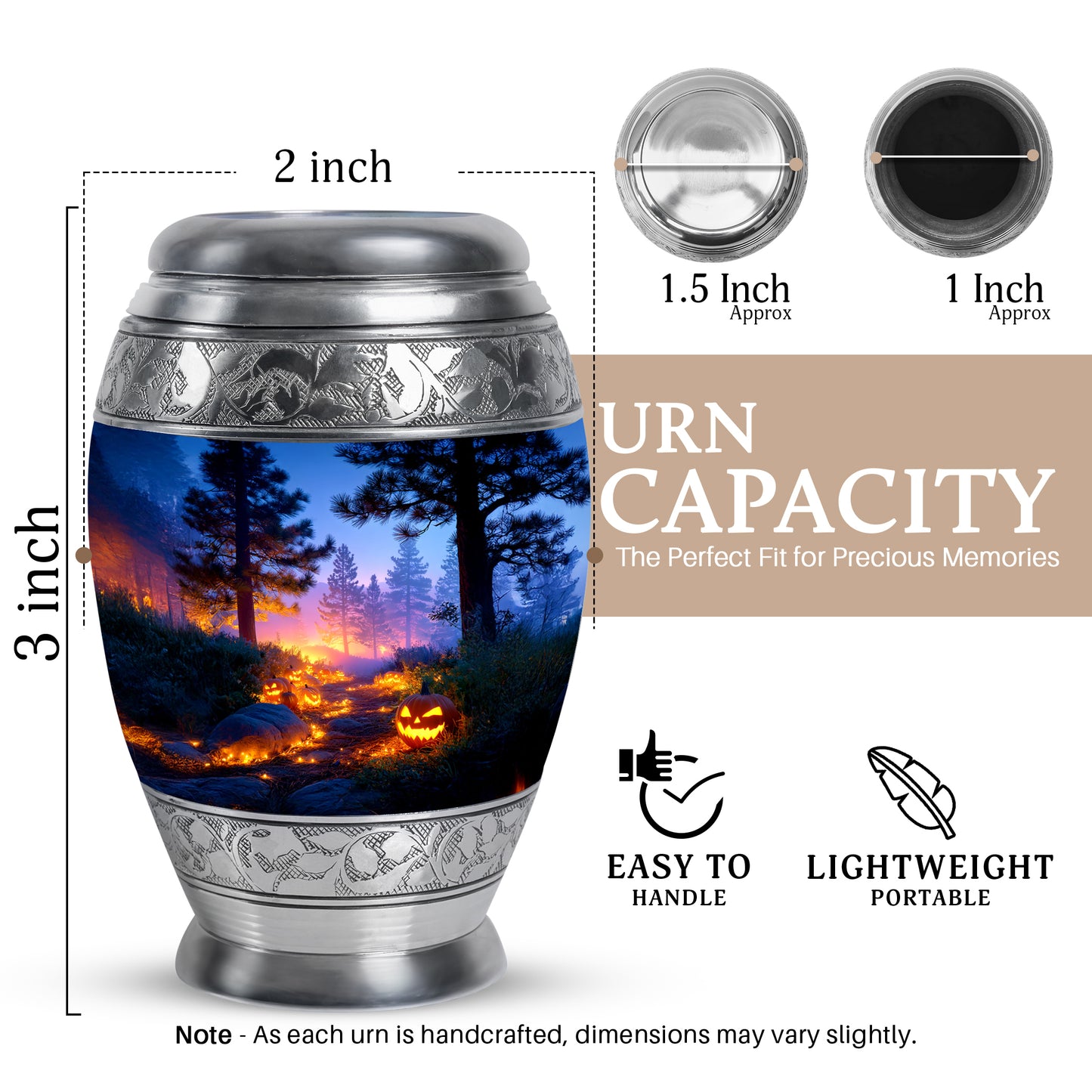 Celestial Blue Halloween Cremation Urn lifestyle display on memorial shelf - ornate monarch-style halloween relief on brushed aluminum - mini keepsake memorial for portion of cremation ashes