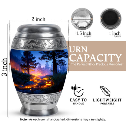 Celestial Blue Halloween Cremation Urn lifestyle display on memorial shelf - ornate monarch-style halloween relief on brushed aluminum - mini keepsake memorial for portion of cremation ashes