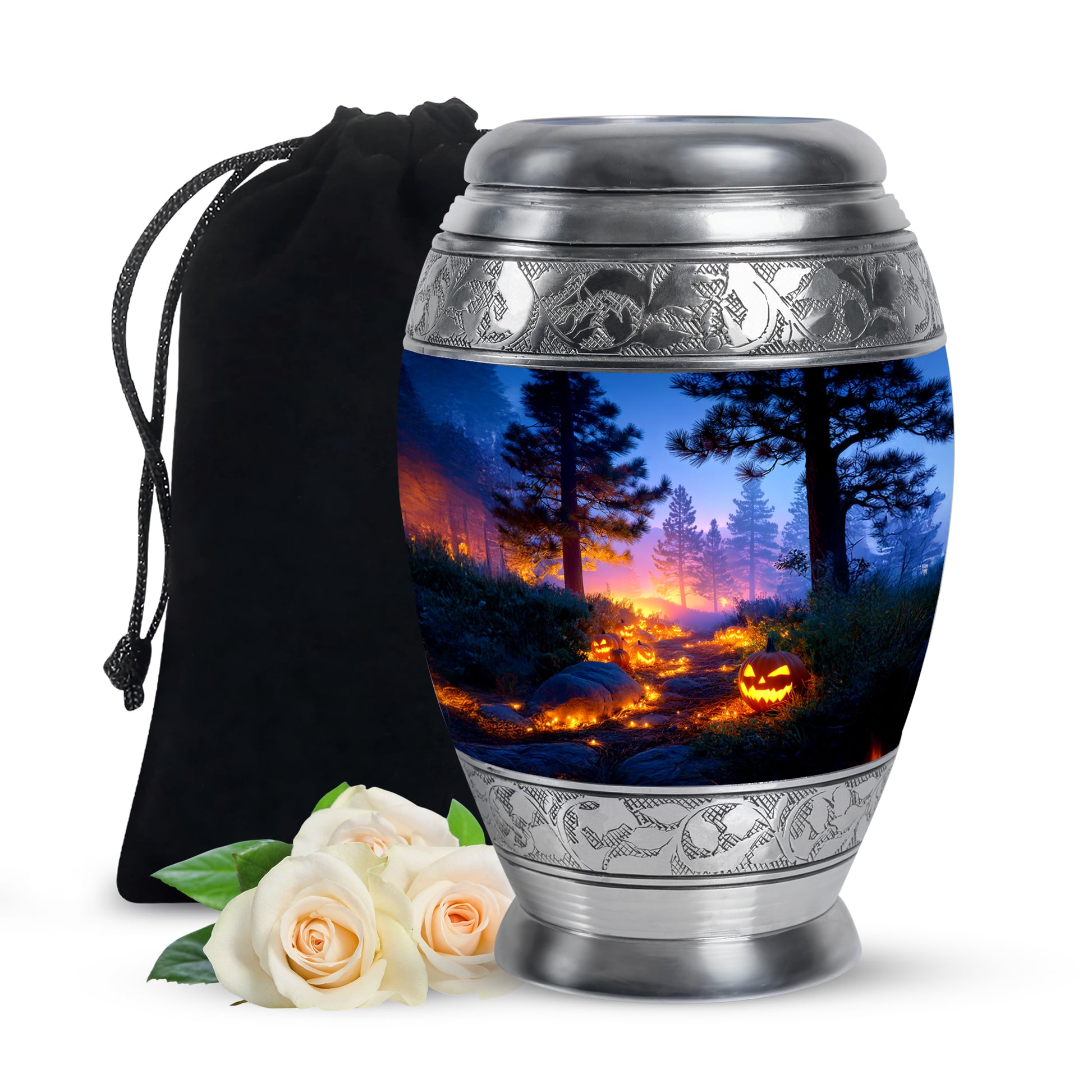 Slate Blue Halloween Cremation Urn back view with polished surface - regal halloween design with crown-inspired accents - full-size 10 inch 200 cubic inch adult cremation urn